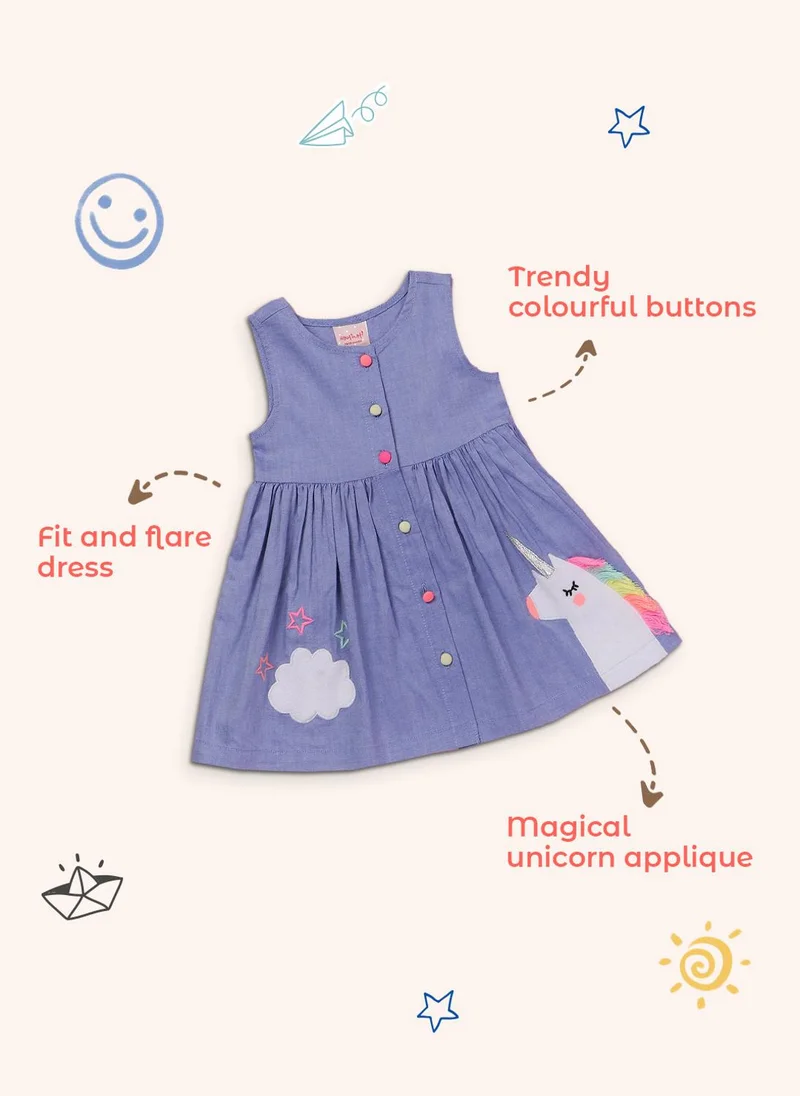 Girls' 100% Cotton Unicorn, Cloud, Star Applique Fit & Flare Dress